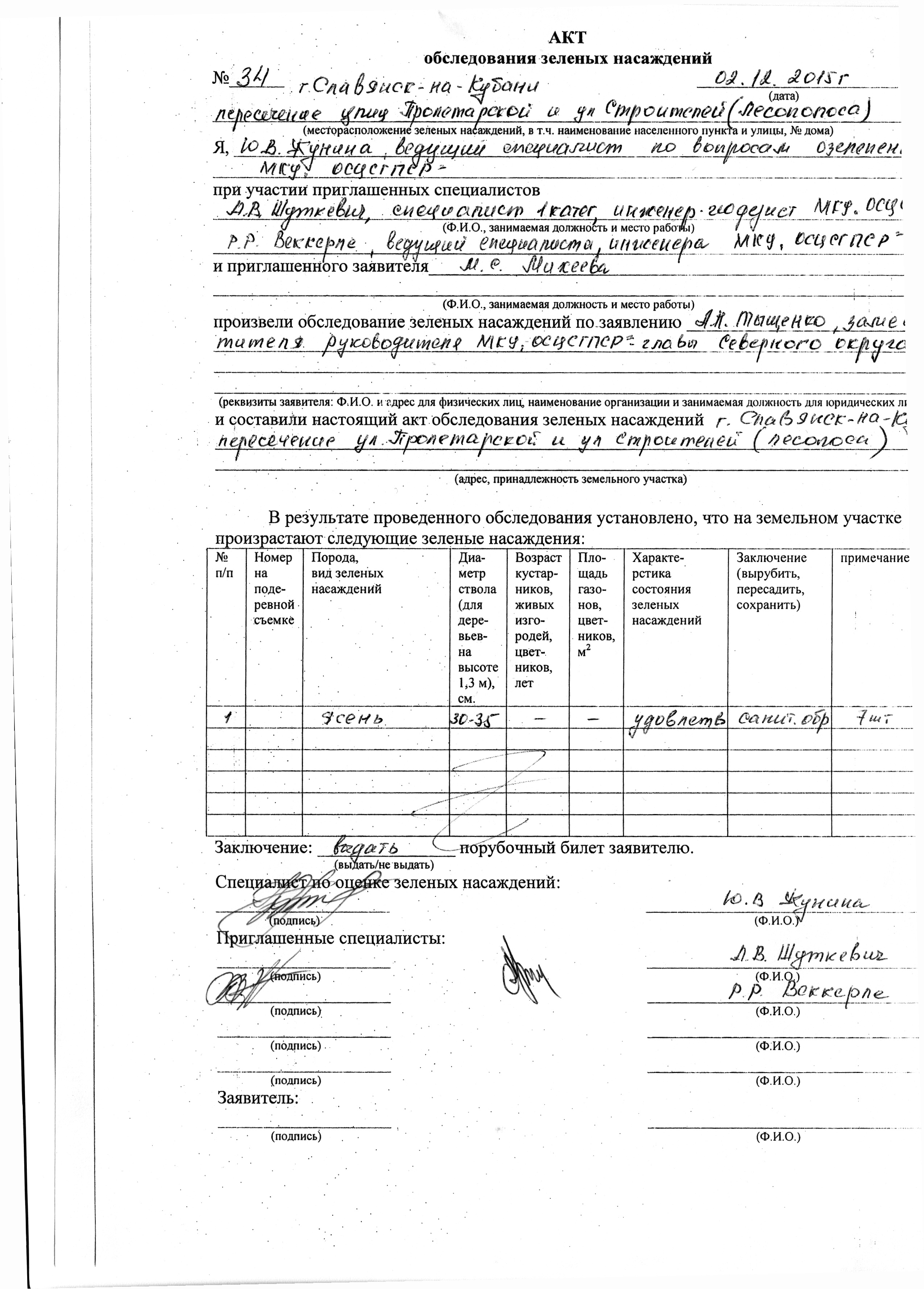 Акт осмотра аварийного дерева образец